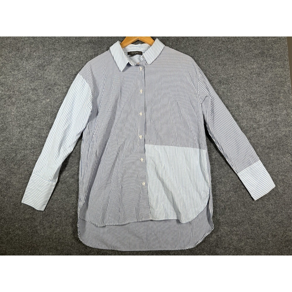 Primark Unique Patchwork Shirt Women 8 White Blue Striped Button Up High Low Hem